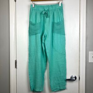 NWT Puro Lino Italy 100% Linen Turquoise Tiffany Green Pants Crochet Pockets S